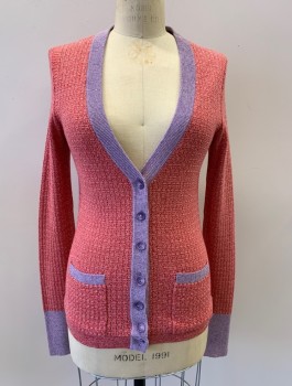 Womens, Sweater, N/L, Hot Pink, Orange, Lavender Purple, Cotton, 2 Color Weave, M, 7 Bttns, 2 Pckts, L/S, Back Is White & Orange Knit