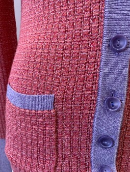 Womens, Sweater, N/L, Hot Pink, Orange, Lavender Purple, Cotton, 2 Color Weave, M, 7 Bttns, 2 Pckts, L/S, Back Is White & Orange Knit