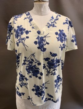 NL, Off White, Periwinkle Blue, Black, Polyester, Floral, Abstract , S/S, V-N, Small Gathers In Sleeve Cap **Small Stain At Back Neck