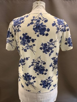 Womens, Blouse, NL, Off White, Periwinkle Blue, Black, Polyester, Floral, Abstract , XL, S/S, V-N, Small Gathers In Sleeve Cap **Small Stain At Back Neck