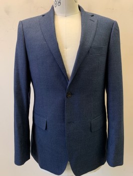 Mens, Suit, Jacket, M&S, Blue, Wool, Solid, 38S, 2 Button, Flap Pockets, Double Vent