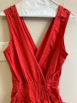 N/L, Cherry Red, Cotton, Solid, V-N, Sleeveless, Crossover, 2 Btns, Back Elastic Waist Band, 2 Pckts,