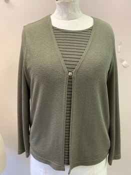 Womens, Top, CHRISTIE & JILL, Olive Green, Black, Polyester, Solid, Stripes - Horizontal , B42, XL, One Piece Cardigan Over Shell Look, L/S, Single Clasp Front, Shimmery Knit