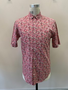 Mens, Casual Shirt, LE31, Pink, Multi-color, Cotton, Floral, S, C.A., Button Front, S/S, Black BG, Light Pink Accents