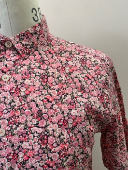 Mens, Casual Shirt, LE31, Pink, Multi-color, Cotton, Floral, S, C.A., Button Front, S/S, Black BG, Light Pink Accents