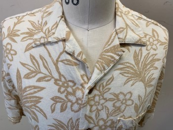 HAVANA JACKS CAFE, Lt Brown, Cream, White, Rayon, Tropical , Short Sleeves, Button Front, Collar Attached, 1 Pocket,