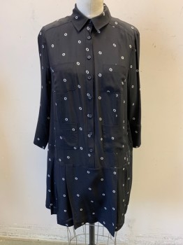 Womens, Dress, Long & 3/4 Sleeve, J. CREW, Black, White, Silk, Polyester, Circles, S, Collar Attached, Button Front, Long Sleeves, 4 Small Patch Pockets, Pleated Hem