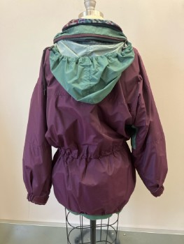 COLUMBIA SPORTSWEAR, Plum Purple, Nylon, Removable Hood, Removable Lining, Zip Front & Snap Front, Sage & Dark Gray Stripes Under Arms, Gathered @ Waist, Velcro Straps @ Cuffs