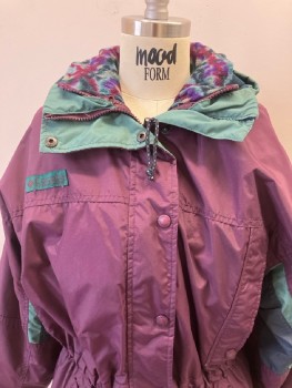 COLUMBIA SPORTSWEAR, Plum Purple, Nylon, Removable Hood, Removable Lining, Zip Front & Snap Front, Sage & Dark Gray Stripes Under Arms, Gathered @ Waist, Velcro Straps @ Cuffs