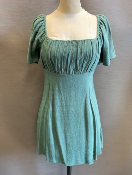Womens, Dress, Short Sleeve, MP C , Jade Green, Linen, Viscose, Solid, XS, Off the Shoulder Sleeves, Mini Dress, Empire Waist, Gathered Bust Area, Invisible Zipper in Back