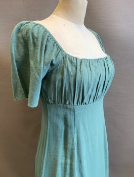 Womens, Dress, Short Sleeve, MP C , Jade Green, Linen, Viscose, Solid, XS, Off the Shoulder Sleeves, Mini Dress, Empire Waist, Gathered Bust Area, Invisible Zipper in Back