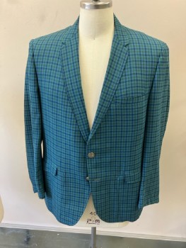 MENS WORLD, Blue, Navy Blue, Avocado Green, Wool, Plaid, 2 Btn Single Breasted, Narrow Notched Lapels, Flap Pckts, 2 Pewter Btns, No Btns On Cuffs, Side Vents, Fully Lined With 1/2 Solid Dusty Blue AND Print Of Radios/Records/Dance/Dark Blue Bckgrnd