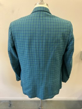 MENS WORLD, Blue, Navy Blue, Avocado Green, Wool, Plaid, 2 Btn Single Breasted, Narrow Notched Lapels, Flap Pckts, 2 Pewter Btns, No Btns On Cuffs, Side Vents, Fully Lined With 1/2 Solid Dusty Blue AND Print Of Radios/Records/Dance/Dark Blue Bckgrnd