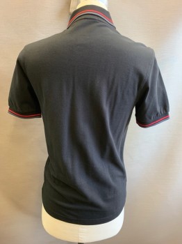 FREDY PERRY, Black, Red, Gray, Cotton, Solid, Stripes, Pique, 2 Buttons,  Stripes on Rib Knit Collar and Cuffs