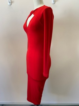 NOOKIE, Red, Polyester, Spandex, Solid, L/S, Crew Neck, Keyhole Chest, Body Con, Back Zipper,
