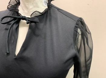 N/L, Black, Polyester, Solid, Slit Center Front Neck with Tie, Chiffon Pleated Ruffle Collar, Sheer Chiffon Sleeves with Pleated Ruffle Cuff, Chiffon Pleated Ruffle Hem Trim, Elastic Waist, with Belt