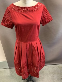 Womens, Dress, Short Sleeve, DEAR CREATURES, Brick Red, Cotton, Nylon, Solid, S, CN, with Eyelet, Neckline, Sleeves and Skirt Front. CB Zipper.