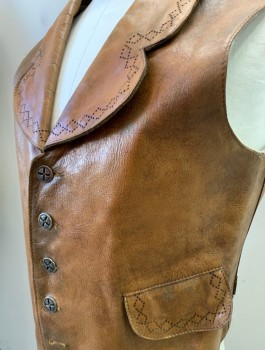 Mens, Historical Fiction Vest, MTO, Tan Brown, Leather, Solid, 42, V-N, Rounded Notched Lapel, Button Front, 2 Flap Pocket, Belted Back, Cream Cotton Lining Multiple