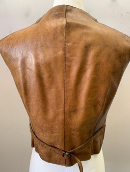 MTO, Tan Brown, Leather, Solid, V-N, Rounded Notched Lapel, Button Front, 2 Flap Pocket, Belted Back, Cream Cotton Lining Multiple