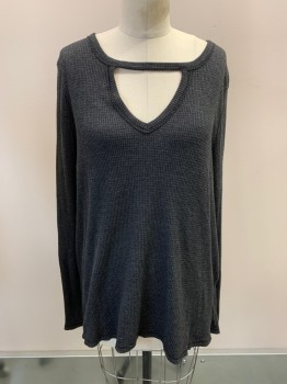 Womens, Top, T. LA, Dk Gray, Poly/Cotton, S, Waffled, CN, Cut Out Triangle At Neck, L/S, Over Sized Fit