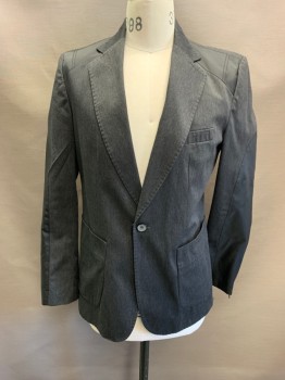 Mens, Sportcoat/Blazer, ZARA, Dk Gray, Poly/Cotton, Nylon, Heathered, 38, Notched Lapel, Single Breasted, Button Front, 1 Buttons, 3 Pockets, Black Panel At Shoulders & Elbow Patch, Zipper At Cuffs