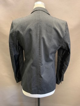 Mens, Sportcoat/Blazer, ZARA, Dk Gray, Poly/Cotton, Nylon, Heathered, 38, Notched Lapel, Single Breasted, Button Front, 1 Buttons, 3 Pockets, Black Panel At Shoulders & Elbow Patch, Zipper At Cuffs