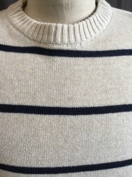 Mens, Pullover Sweater, J.CREW, Oatmeal Brown, Black, Cotton, Wool, Stripes - Horizontal , M, L/S, CN, Multiple
