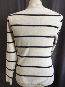 Mens, Pullover Sweater, J.CREW, Oatmeal Brown, Black, Cotton, Wool, Stripes - Horizontal , M, L/S, CN, Multiple