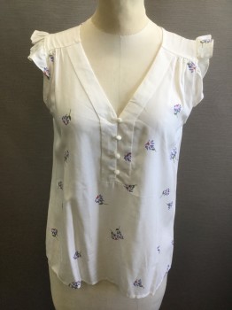 OLD NAVY, White, Violet Purple, Red, Olive Green, Rayon, Floral, White with Multicolor Flowers Pattern, Sleeveless, Self Ruffle at Armholes, V-neck, 4 White Plastic Buttons at Center Front Bust