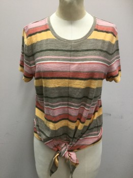 Womens, Top, MADEWELL, Lt Brown, Pink, Orange, Yellow, White, Cotton, Polyester, Stripes - Horizontal , S, Heather Light Brown, Pink, Orange, White, Black, Yellow Horizontal Stripes, Heather Light Brown Crew Neck, Cap Sleeves, Seam Front Center, and Split Hem with Self Tie Knot Hem