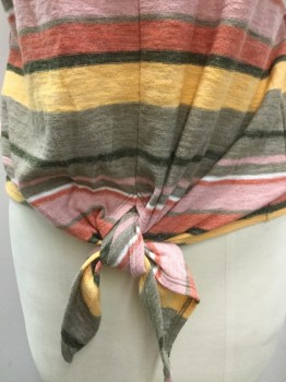 MADEWELL, Lt Brown, Pink, Orange, Yellow, White, Cotton, Polyester, Stripes - Horizontal , Heather Light Brown, Pink, Orange, White, Black, Yellow Horizontal Stripes, Heather Light Brown Crew Neck, Cap Sleeves, Seam Front Center, and Split Hem with Self Tie Knot Hem