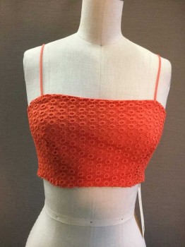 Top Shop, Coral Orange, Polyester, Geometric, Spaghetti Strap, Super Cropped, Zip Back, Lace Front, Some Stretch