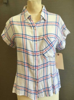 RAILS, White, Red, Blue, Cotton, White W/red,blue Plaid Sheer, Collar Attached, Button Front, 1pocket Short Sleeve W/cuffs