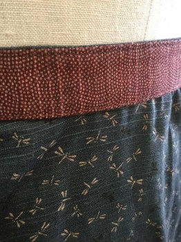 N/L, Dk Blue, Maroon Red, Tan Brown, Black, Cotton, Novelty Pattern, Dark Teal Blue with Tan and Black Dragonfly Pattern Calico, 1" Wide Waistband Is Maroon with Tan Dots, Gathered In Back At Waist, Snap Closures At Center Back, Floor Length Hem, Made To Order,