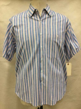 SEARS, Navy Blue, White, Red, Beige, Cotton, Stripes, Multi Color Stripes, Button Front, Collar Attached, Short Sleeve,  1 Pocket,