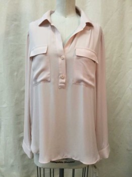 ANN TAYLOR, Baby Pink, Polyester, Solid, Baby Pink, 2 Buttons,  V-neck, Collar Attached, 2 Flap Pockets, Long Sleeves,