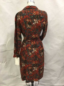 MTO, Paprika Red, Gray, Rust Orange, Black, Wool, Geometric, Floral, Shirtwaist, Long Sleeves with Button Cuffs, Collar Attached, Stitched Down Pleat Skirt, Side Zipper,