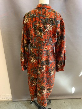 MTO, Paprika Red, Gray, Rust Orange, Black, Wool, Geometric, Floral, Shirtwaist, Long Sleeves with Button Cuffs, Collar Attached, Stitched Down Pleat Skirt, Side Zipper,