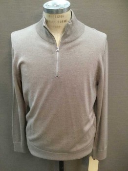Mens, Pullover Sweater, J. CREW, Lt Brown, Wool, Solid, L, L/S, 1/4 Zip Up, High Ribbed Knit Collar, Ribbed Knit Cuff/Waist