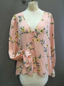 JOIE, Peach Orange, Yellow, Olive Green, Black, Silk, Floral, V-neck, Covered Button Front Closure, Long Sleeves with Elasticated Cuffs
