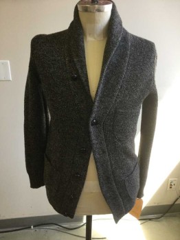 Mens, Cardigan Sweater, J Crew, Black, Lt Gray, Wool, Polyester, Basket Weave, XS, Cardigan : Black& Light Grey Woven Knit Shawl Collar Button Front, with2 Frnt Pkts