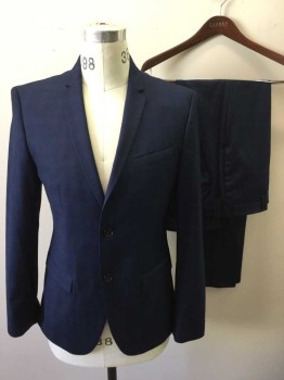 Mens, Suit, Jacket, ZARA, Navy Blue, Blue, Polyester, Spandex, Plaid, 40S, Single Breasted, Thin Collar Attached, Thin Notched Lapel, 2 Buttons,  3 Pockets