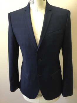 Mens, Suit, Jacket, ZARA, Navy Blue, Blue, Polyester, Spandex, Plaid, 40S, Single Breasted, Thin Collar Attached, Thin Notched Lapel, 2 Buttons,  3 Pockets