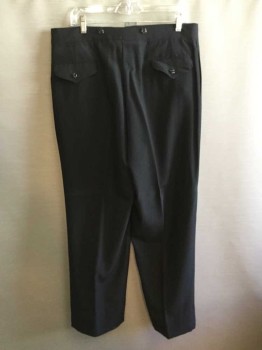 NO LABEL, Black, Wool, Solid, Button Fly, Flat Front, Back Pockets with Button Down Flaps, Suspender Buttons,