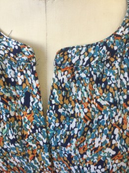Womens, Dress, Short Sleeve, DR2, Multi-color, Navy Blue, White, Orange, Rust Orange, Polyester, Abstract , S, Cap Sleeve, Shirtwaist with Hidden Button Closures, Round Neck with Notch at Button Placket, Drawstring Waist, Hem Above Knee