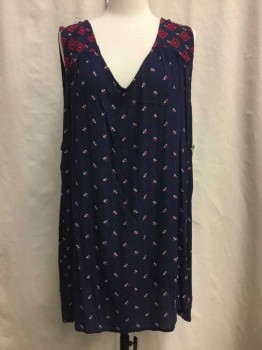 OLD NAVY, Navy Blue, Red, White, Rayon, Polyester, Floral, Novelty Pattern, Navy, Red/white Floral Print, Red Novelty Embroiderred Top, V-neck,