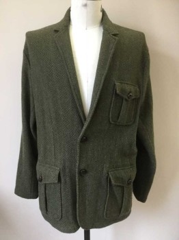 Mens, Casual Jacket, POLO RALPH LAUREN, Forest Green, Sage Green, Brown, Wool, Herringbone, XL, Single Breasted, 2 Brown Leather Buttons, Collar Attached, Notched Lapel, Brown Suede Under Collar, 3 Flap Pockets with Brown Leather Buttons, Double Vented Back, Brown Suede Elbow Pockets