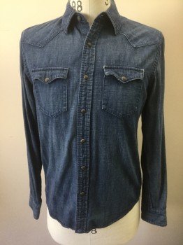 AMERICAN EAGLE, Denim Blue, Cotton, Solid, Medium Blue Denim/Chambray, Long Sleeves, Bronze Snap Closures at Front, Collar Attached, 2 Flap Pockets with Snap Closures, Western Style Yoke at Shoulders and Pointed Flaps on Pockets