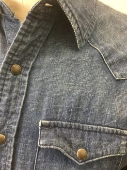AMERICAN EAGLE, Denim Blue, Cotton, Solid, Medium Blue Denim/Chambray, Long Sleeves, Bronze Snap Closures at Front, Collar Attached, 2 Flap Pockets with Snap Closures, Western Style Yoke at Shoulders and Pointed Flaps on Pockets