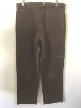 N/L, Brown, Cotton, Solid, Twill, Button Fly, Suspender Buttons on Outside Waistband, 2 Side Seam Pockets, Belted Back,  Made To Order Reproduction  **Has Some Wear/Holes at Hems,